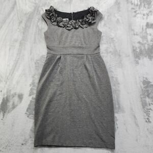 London Times Dress Size 6 Heather Gray Sheath Ruffled Neck Sleeveless Stretch